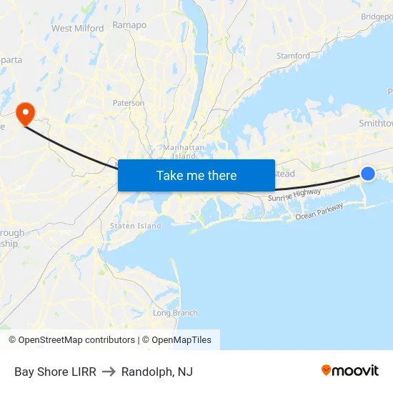 Bay Shore LIRR to Randolph, NJ map