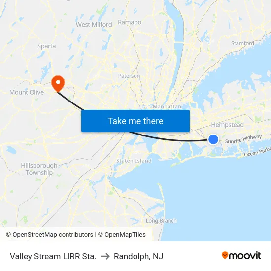Valley Stream LIRR Sta. to Randolph, NJ map