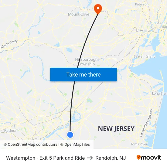 Westampton - Exit 5 Park and Ride to Randolph, NJ map