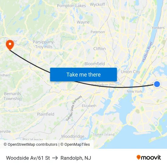Woodside Av/61 St to Randolph, NJ map