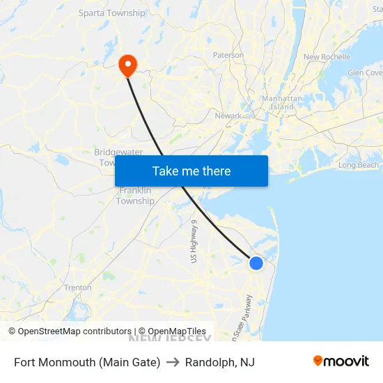 Fort Monmouth (Main Gate) to Randolph, NJ map