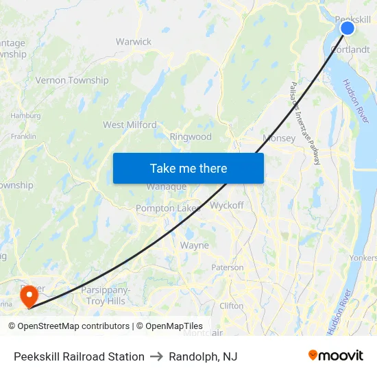 Peekskill Railroad Station to Randolph, NJ map
