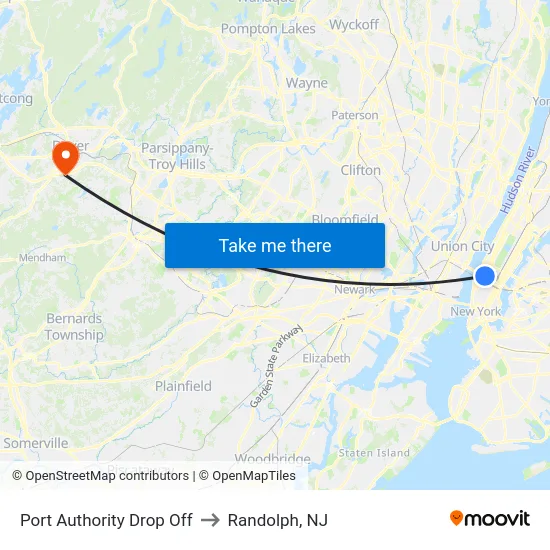 Port Authority Drop Off to Randolph, NJ map