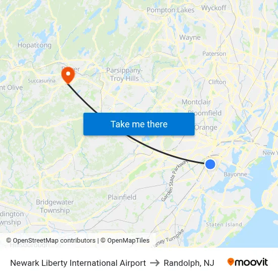 Newark Liberty International Airport to Randolph, NJ map