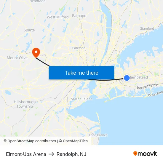 Elmont-Ubs Arena to Randolph, NJ map