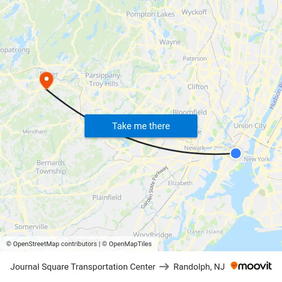 Journal Square Transportation Center to Randolph, NJ map