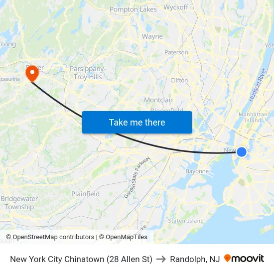 New York City Chinatown (28 Allen St) to Randolph, NJ map