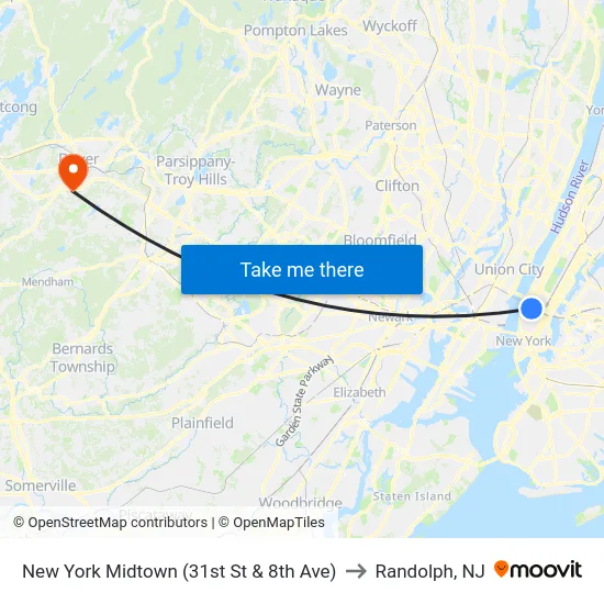 New York Midtown (31st St & 8th Ave) to Randolph, NJ map
