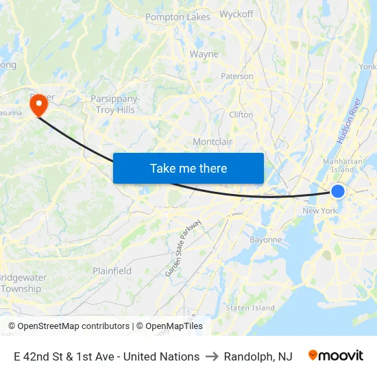 E 42nd St & 1st Ave - United Nations to Randolph, NJ map