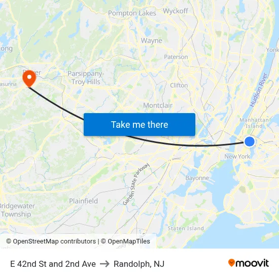 E 42nd St and 2nd Ave to Randolph, NJ map