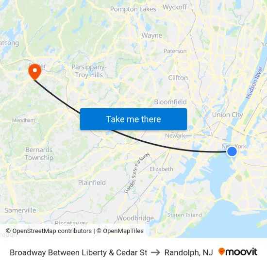 Broadway Between Liberty & Cedar St to Randolph, NJ map