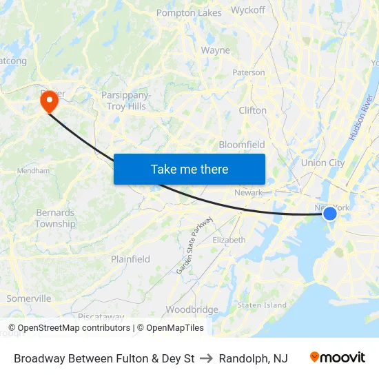 Broadway Between Fulton & Dey St to Randolph, NJ map
