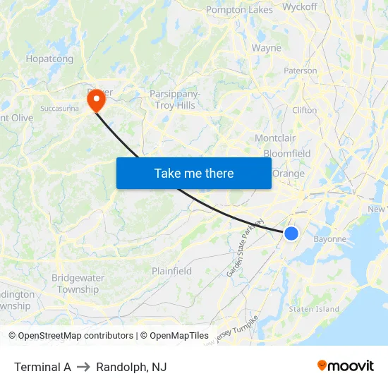 Terminal A to Randolph, NJ map