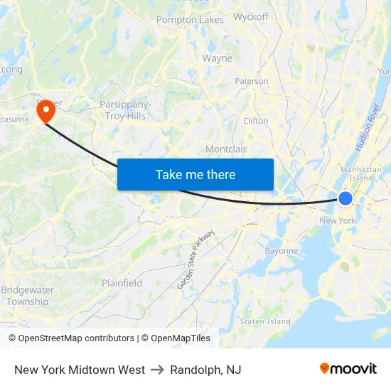 New York Midtown West to Randolph, NJ map