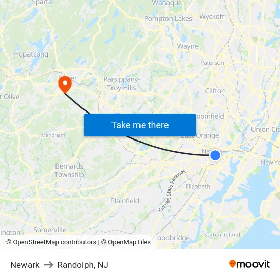 Newark to Randolph, NJ map