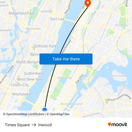 Times Square to Inwood map