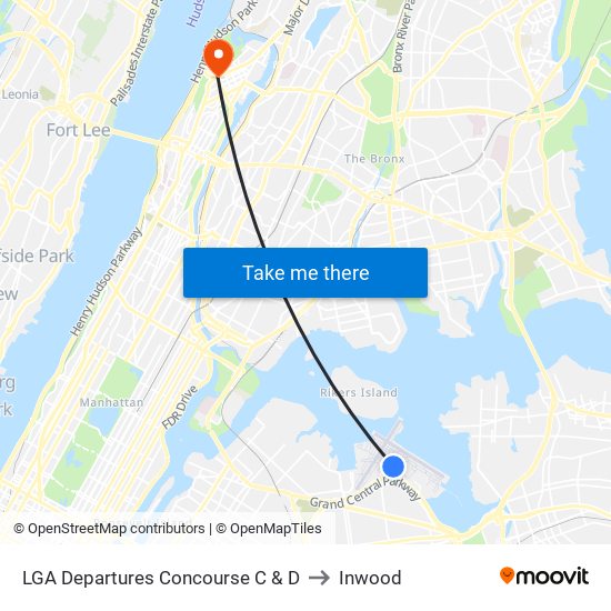 LGA Departures Concourse C & D to Inwood map
