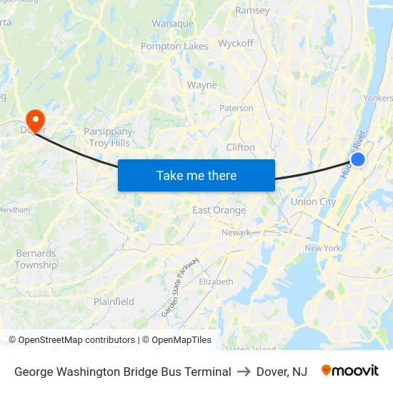 George Washington Bridge Bus Terminal to Dover, NJ map