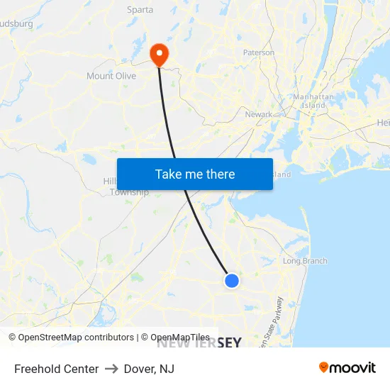 Freehold Center to Dover, NJ map