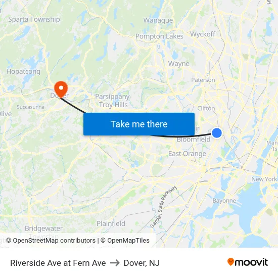 Riverside Ave at Fern Ave to Dover, NJ map