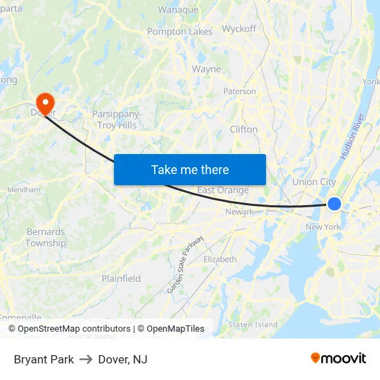 Bryant Park to Dover, NJ map