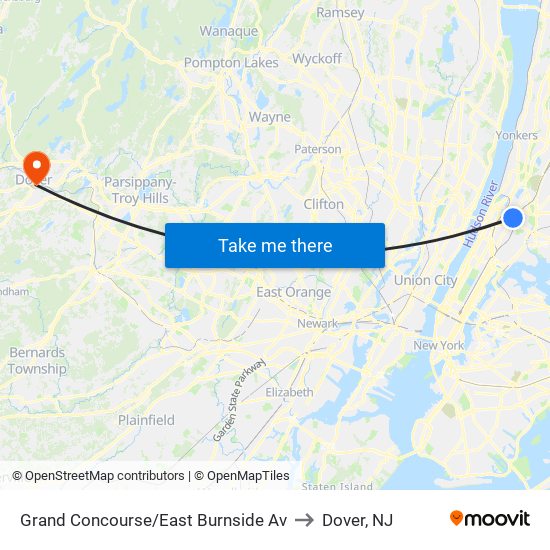 Grand Concourse/East Burnside Av to Dover, NJ map