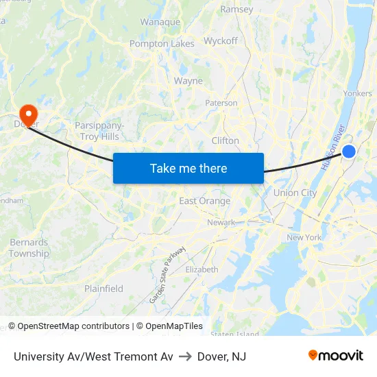 University Av/West Tremont Av to Dover, NJ map
