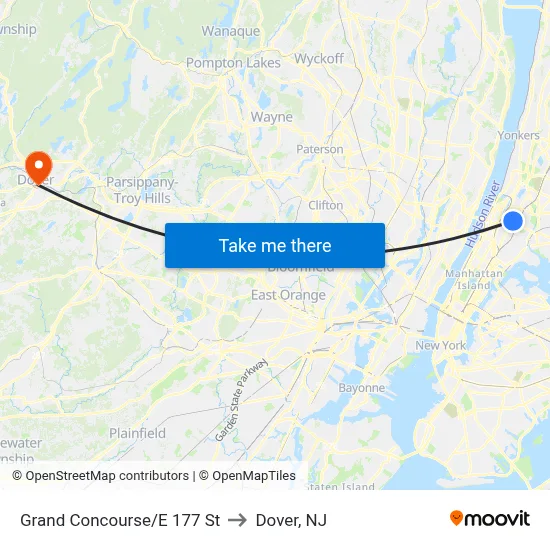 Grand Concourse/E 177 St to Dover, NJ map