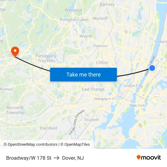 Broadway/W 178 St to Dover, NJ map