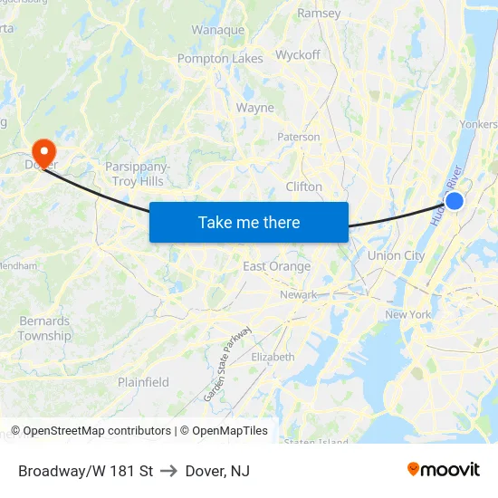 Broadway/W 181 St to Dover, NJ map