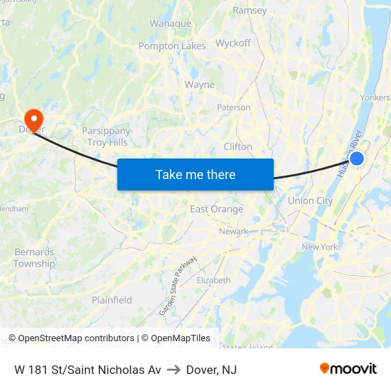 W 181 St/Saint Nicholas Av to Dover, NJ map
