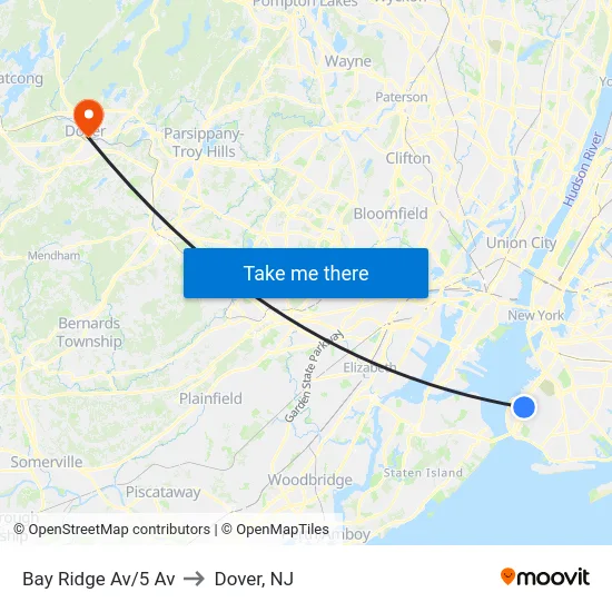 Bay Ridge Av/5 Av to Dover, NJ map