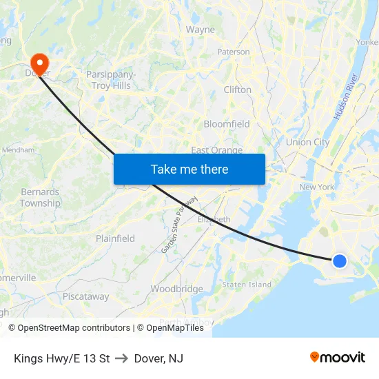 Kings Hwy/E 13 St to Dover, NJ map