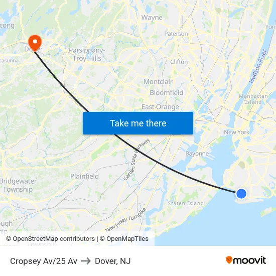 Cropsey Av/25 Av to Dover, NJ map