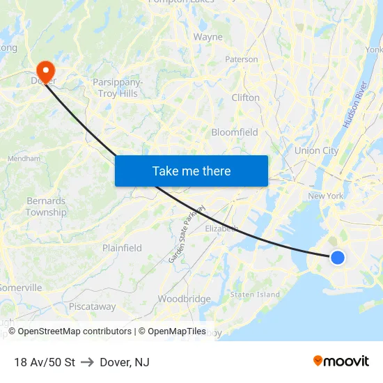 18 Av/50 St to Dover, NJ map