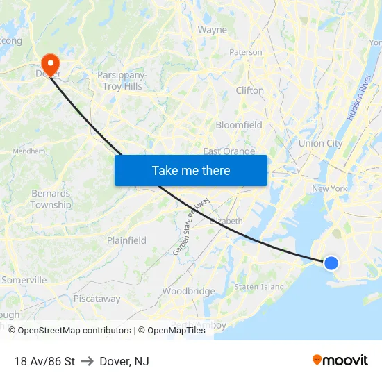 18 Av/86 St to Dover, NJ map