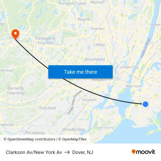Clarkson Av/New York Av to Dover, NJ map