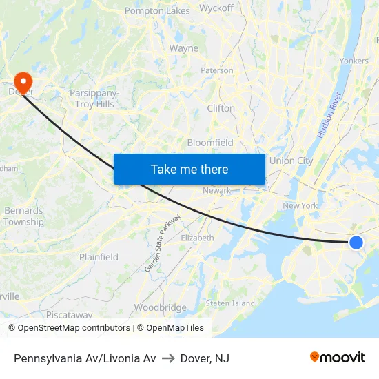 Pennsylvania Av/Livonia Av to Dover, NJ map