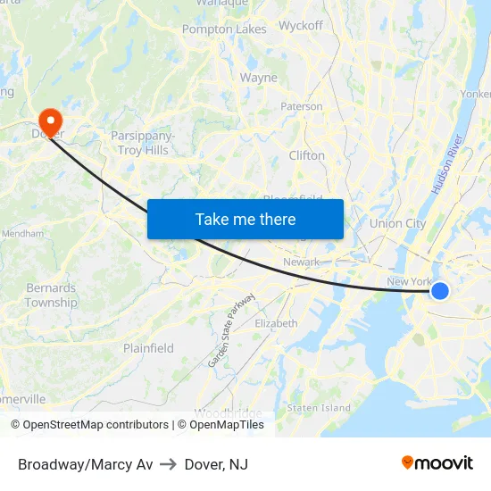 Broadway/Marcy Av to Dover, NJ map