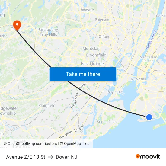 Avenue Z/E 13 St to Dover, NJ map
