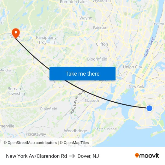 New York Av/Clarendon Rd to Dover, NJ map