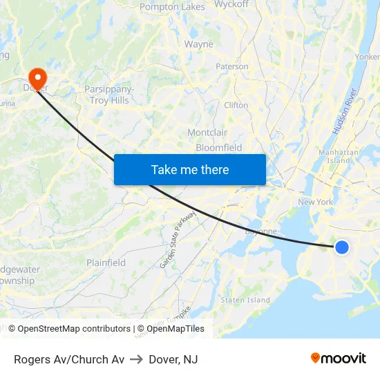 Rogers Av/Church Av to Dover, NJ map