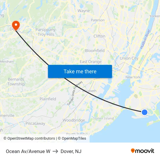 Ocean Av/Avenue W to Dover, NJ map