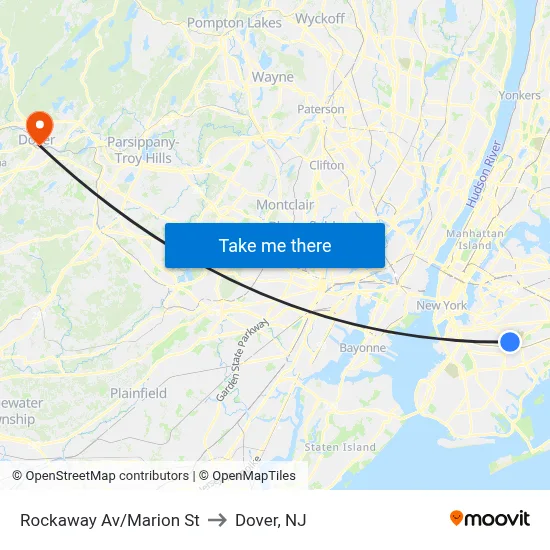 Rockaway Av/Marion St to Dover, NJ map