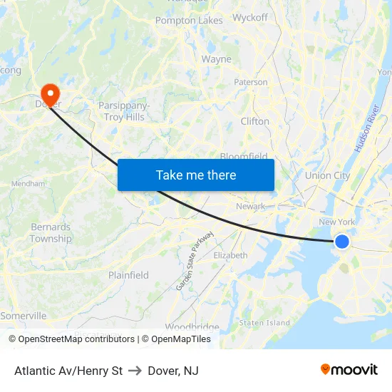 Atlantic Av/Henry St to Dover, NJ map