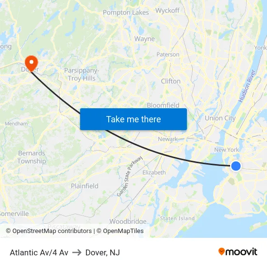 Atlantic Av/4 Av to Dover, NJ map