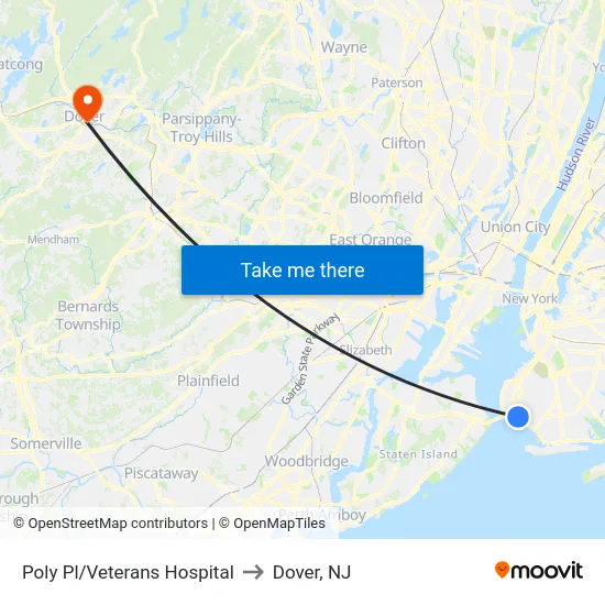Poly Pl/Veterans Hospital to Dover, NJ map