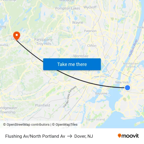 Flushing Av/North Portland Av to Dover, NJ map