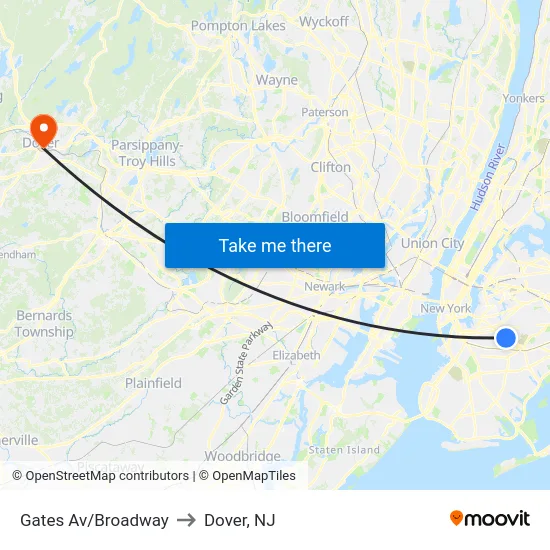 Gates Av/Broadway to Dover, NJ map