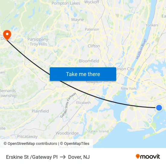 Erskine St /Gateway Pl to Dover, NJ map